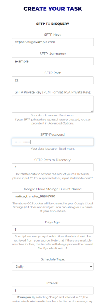 Task setup form fields