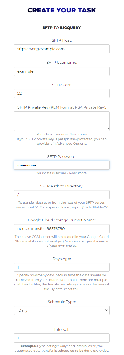 Task setup form fields