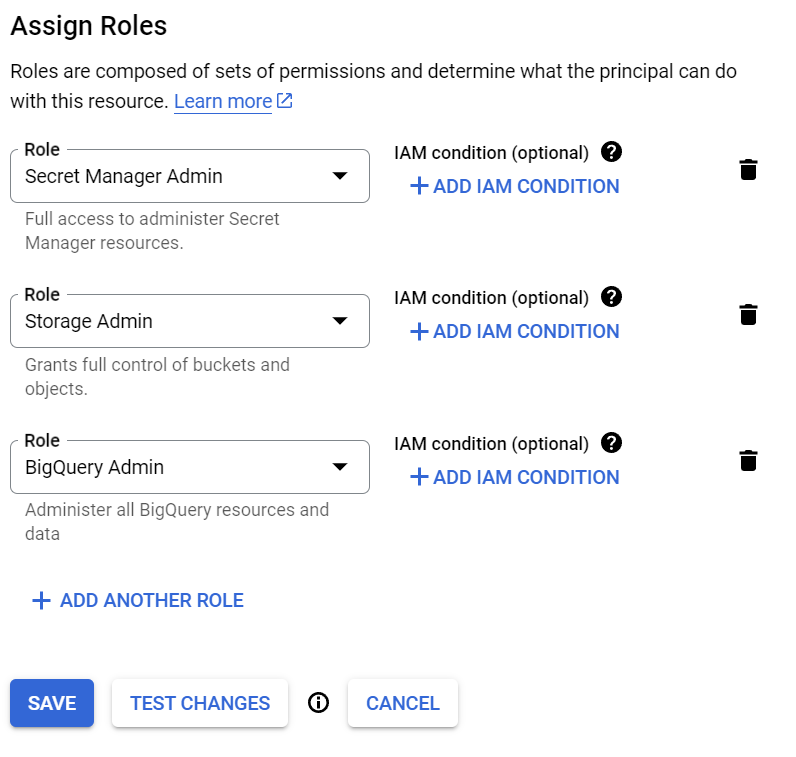 Add Secret Manager Admin, Storage Admin and BigQuery admin rights. 